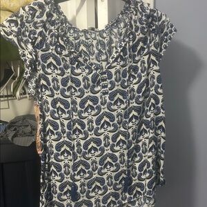 Rose & Olive Blue and White Printed Peasant Blouse